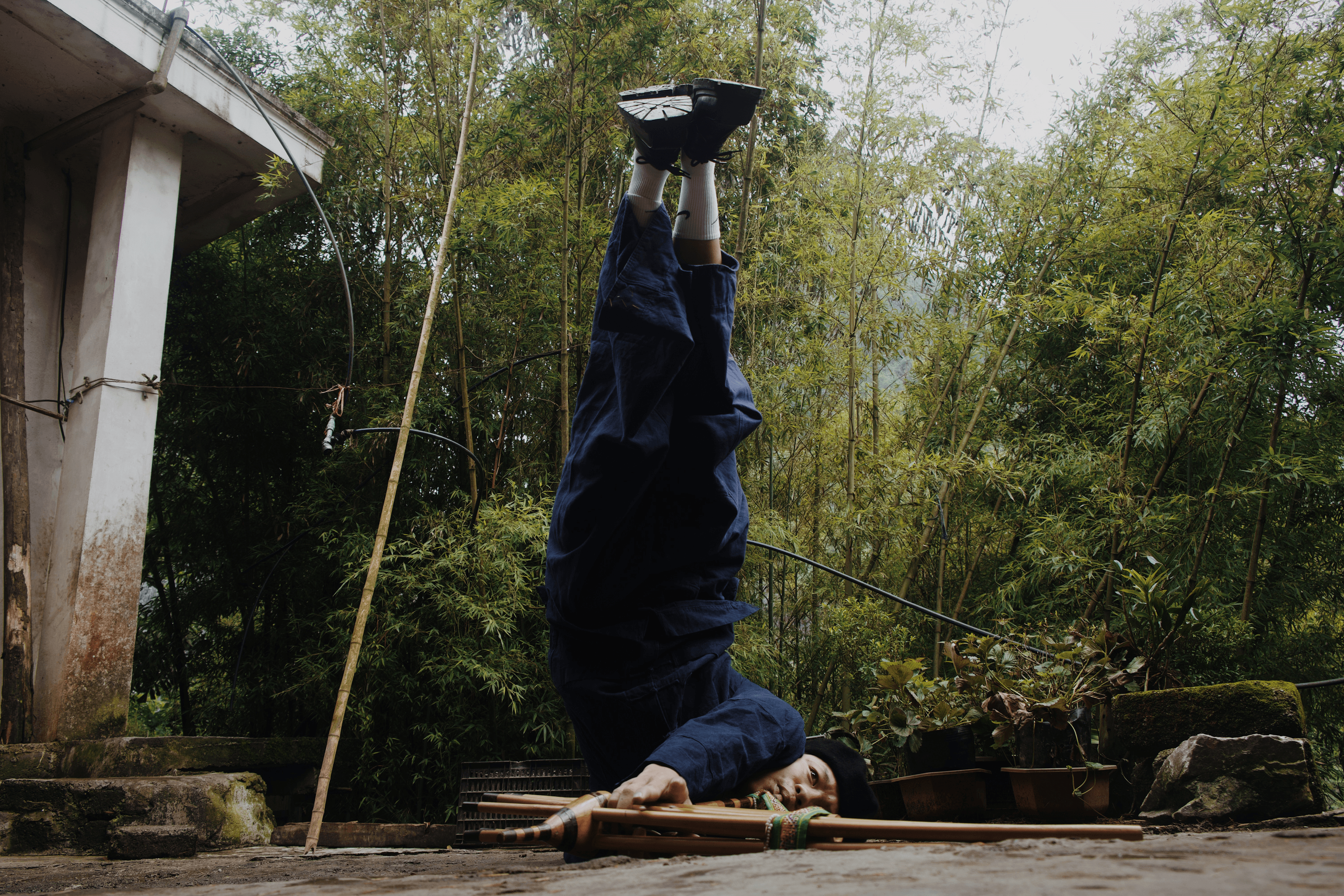 An ethnic minority musician performs a headstand in a courtyard surrounded by bamboo forest, holding a traditional bamboo instrument on the ground beside him.