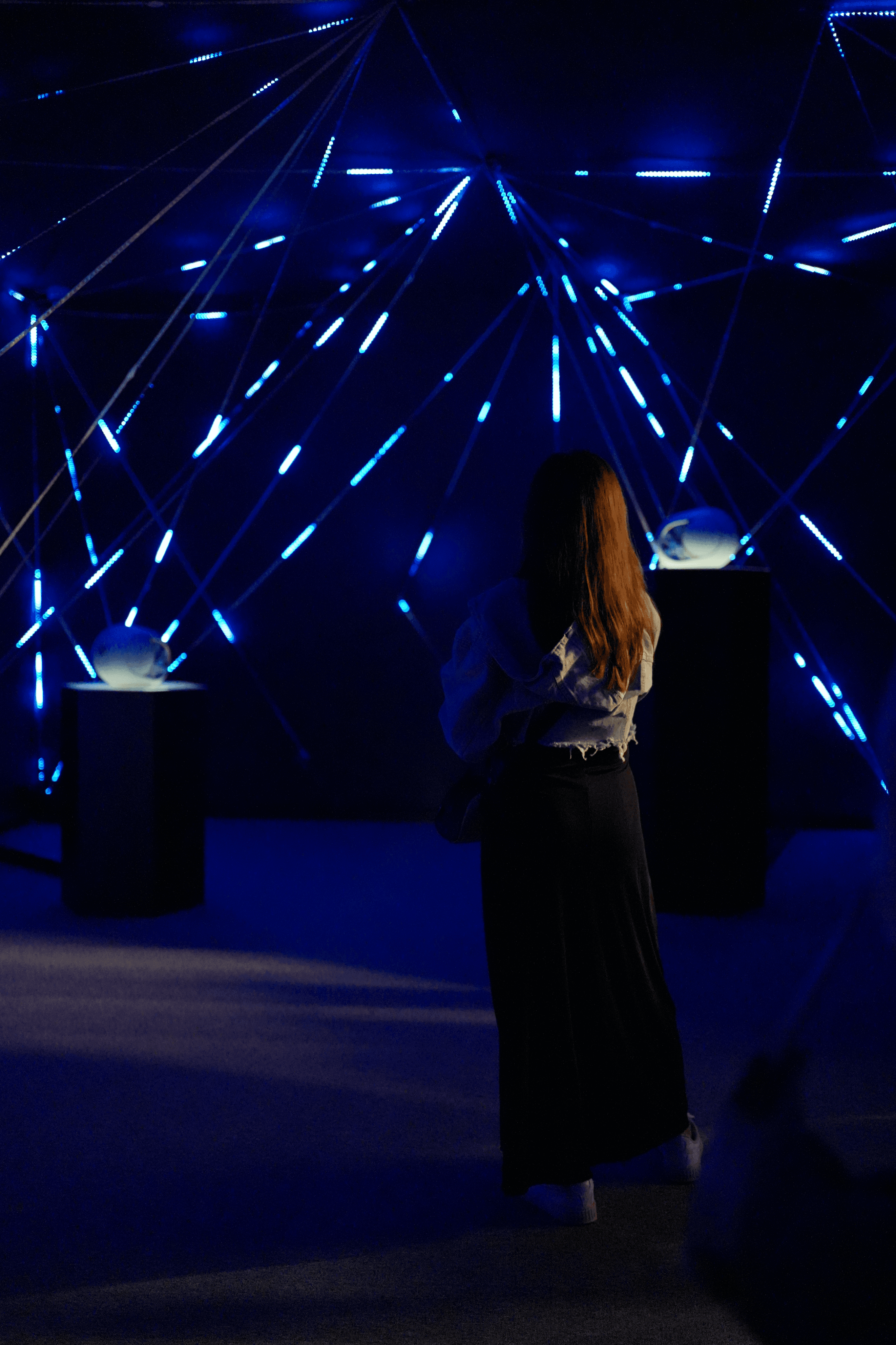 A visitor stands with her back to the camera, contemplating the installation within the 'Intersection of Mastery' exhibition