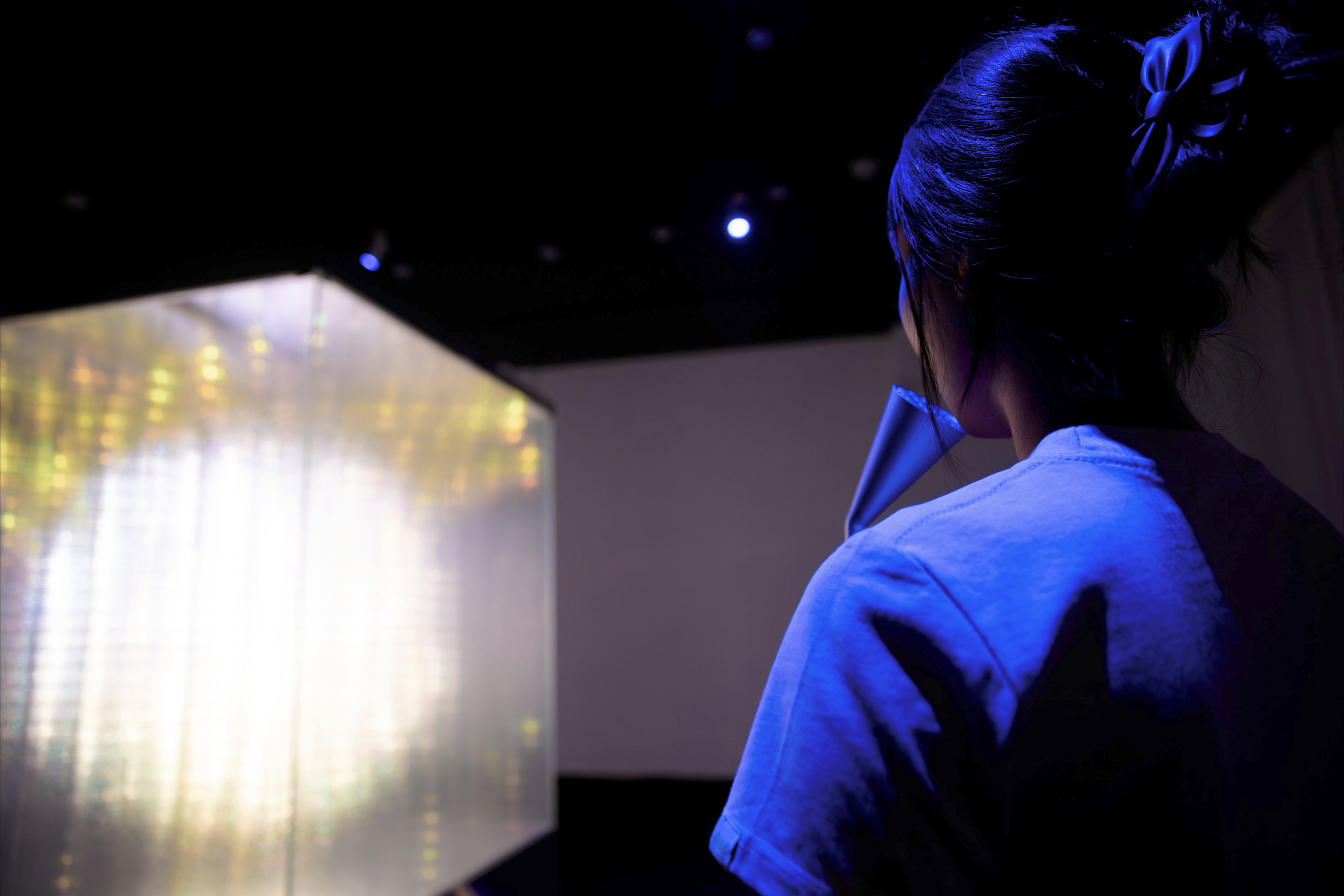 An over-the-shoulder view of a visitor bathed in blue light, speaking to a microphone while looking at the installation.
