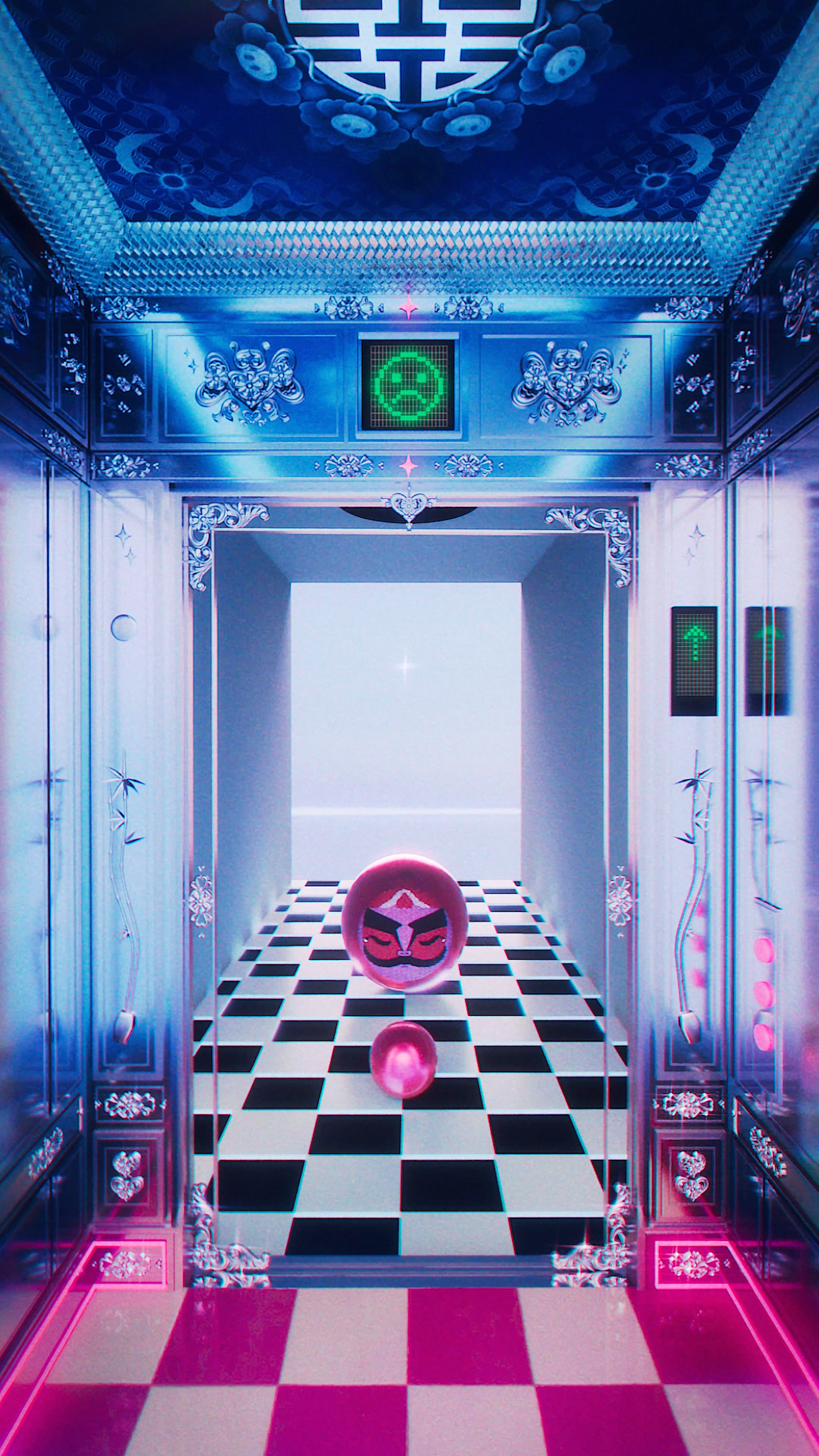 A surreal 3D-rendered elevator blending Vietnamese decorative motifs with neon lighting